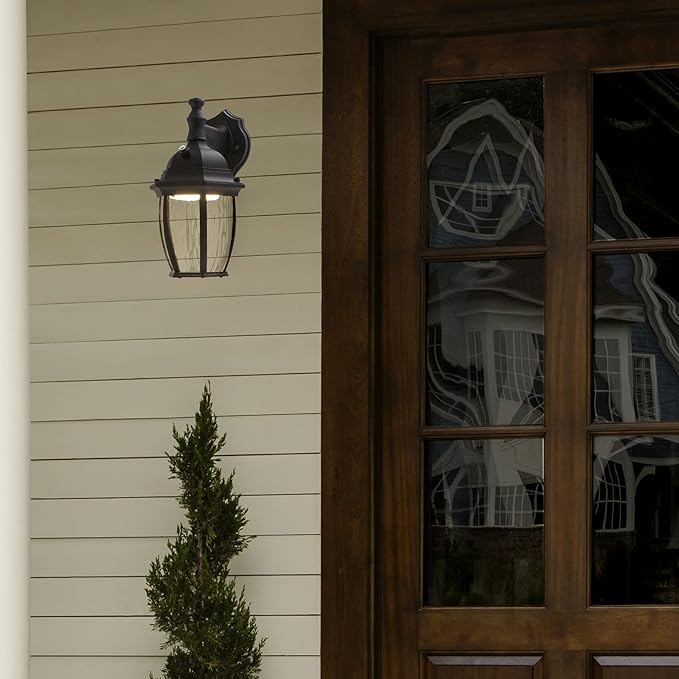 Maxxima LED Outdoor Wall Light - Features Clear Water Glass, 3000K Warm White, 580 Lumens, Dusk to Dawn Photocell Light Sensor, Patio or Porch Sconce Fixture, Ideal for Exterior Decor Lighting - Black
