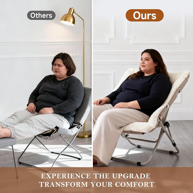 Saucer Chair, Comfy Bedroom Chairs, Oversized Folding Faux Fur Chair, Foldable Metal Frame Chair for Living Room, Balcony, Patio, Study, Playroom (Beige)