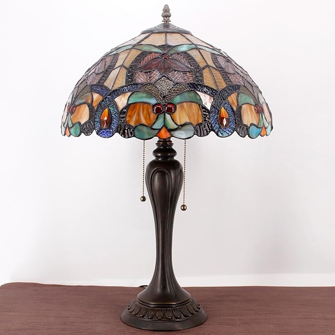 WERFACTORY Tiffany Table Lamp Orange Stained Glass Bedside Lamp 16X16X24 Inches Desk Reading Light Resin Base Decor Bedroom Living Room Home Office S617 Series