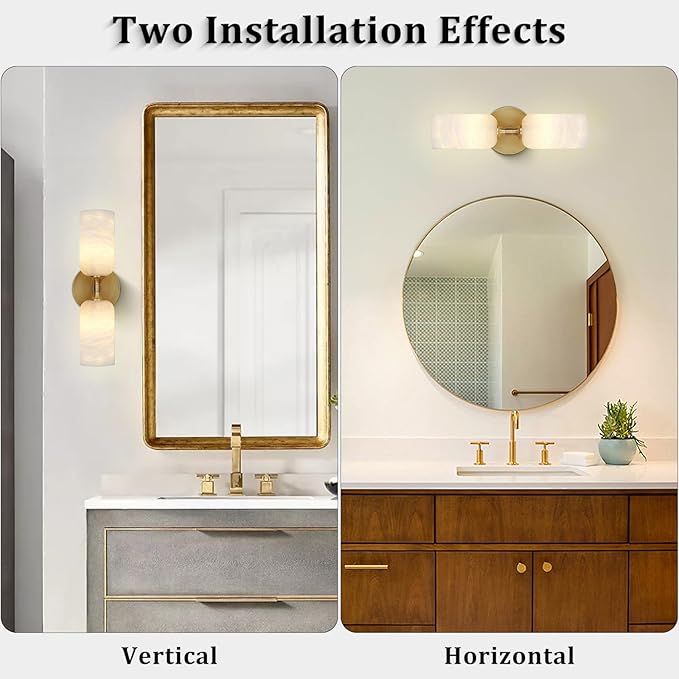 Alabaster Wall Sconces, 14" Modern Spanish Natural Marble Vanity Light, Dimmable Hardwired Brass Gold Wall Sconce Lighting for Bathroom Mirror, Bedroom, Living Room, Luxury Natural Stone Wall Fixtures