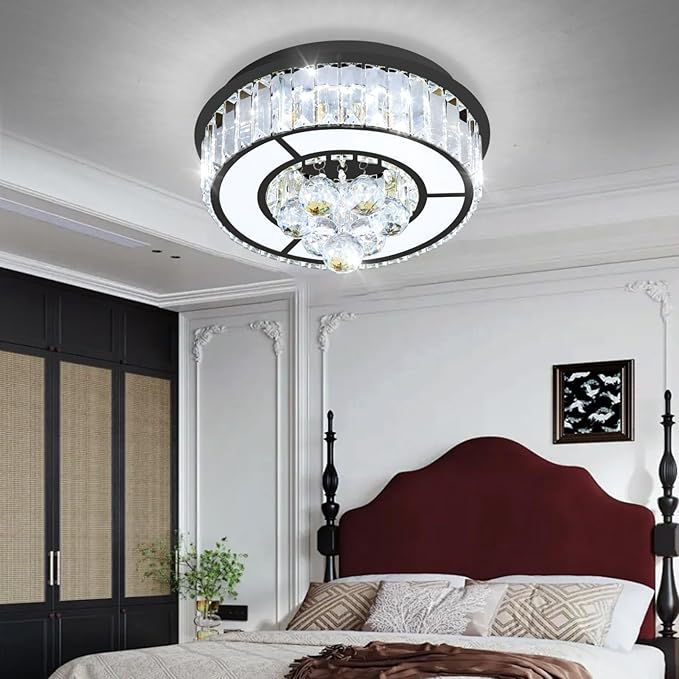 11.8'' Black Modern Crystal Chandeliers for Dining Room LED Dimmable Light Fixtures Flush Mount Light Living Room Bedrooms