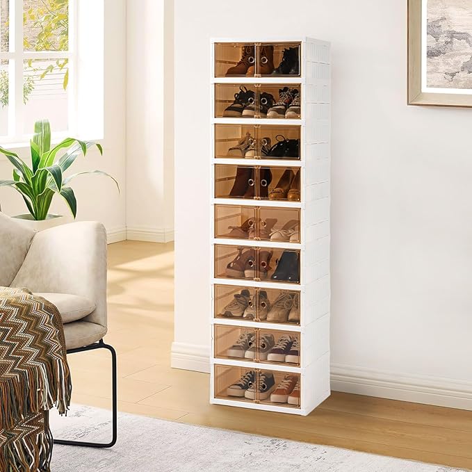 SAYMA 9 Tiers-18 Pairs Foldable Shoe Rack Organizer Plastic Collapsible Shoe Shelf Clear Shoe Boxes Stackable with Door Easy Assembly Shoe Cabinet for Entryway, Living Room (9 Tiers-18 Pairs)