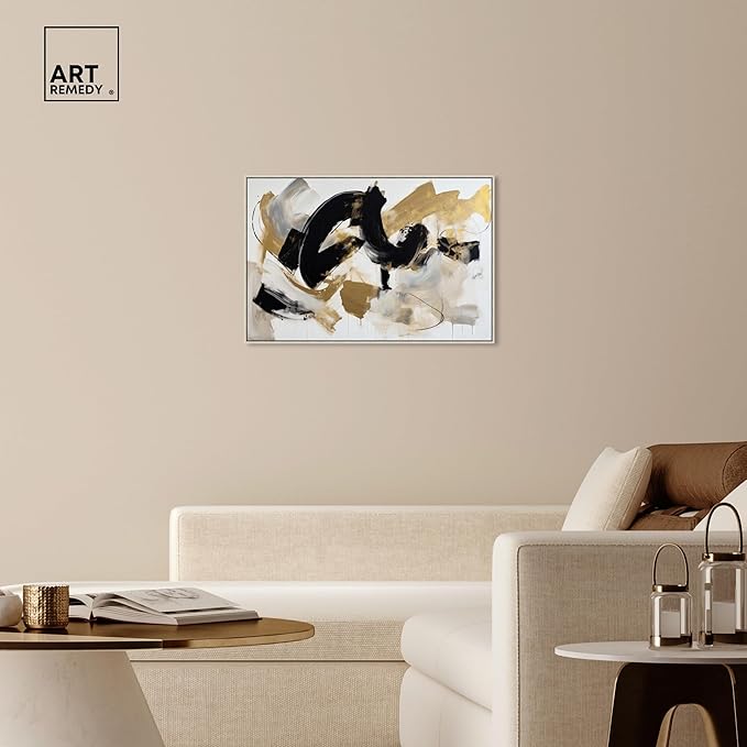 Art Remedy Moved Abstraction Canvas Modern Black White Abstract Wall Art, Silver Frame, 36" x 24"