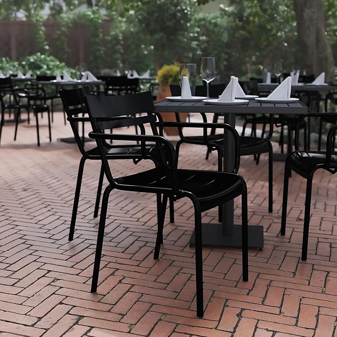 Flash Furniture Nash Commercial Grade Steel Stack Chair, Indoor-Outdoor Arm Chair with 2 Slat Back, Black