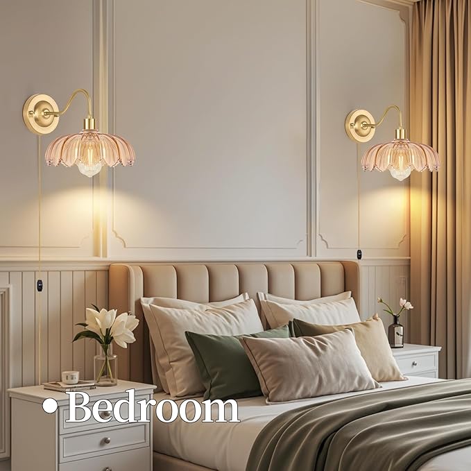 Vintage Plug in Wall Sconces Set of Two, Dimmable Wall Sconces Lamps with Flower Glass Lampshade & 3.6FT Plug in Cord, Gold Sconces Wall Decor Set of 2 Plug in Wall Lights Sconces for Bedroom