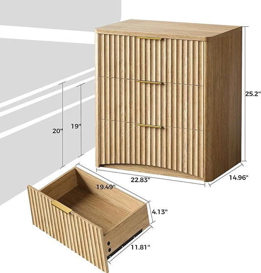 Evermagin Fluted Nightstand Set of 2, Natural Oak Bedside Table with 3 Drawers, Wood End Table with Storage Mid Century Modern, Large Night Stand for Bedroom