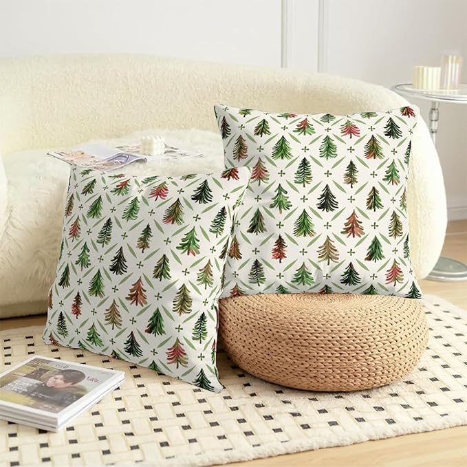 Christmas Throw Pillow Covers 20x20 Set of 2 Watercolor Green Red Xmas Tree Rustic Style Print Decorative Pillow Cases Winter Farmhouse Holiday Outdoor Pillowcase for Couch Sofa Porch