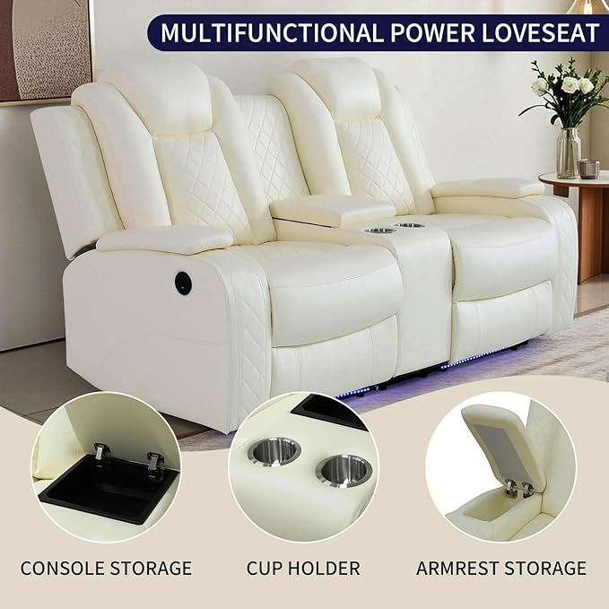 Power Recliner Sofa Set, Leather Reclining Sofa Sets with LED Lights, Living Room Furniture Set, Loveseat with Console Storage, Recliner Couch with USB Port (3 Piece Set, White)