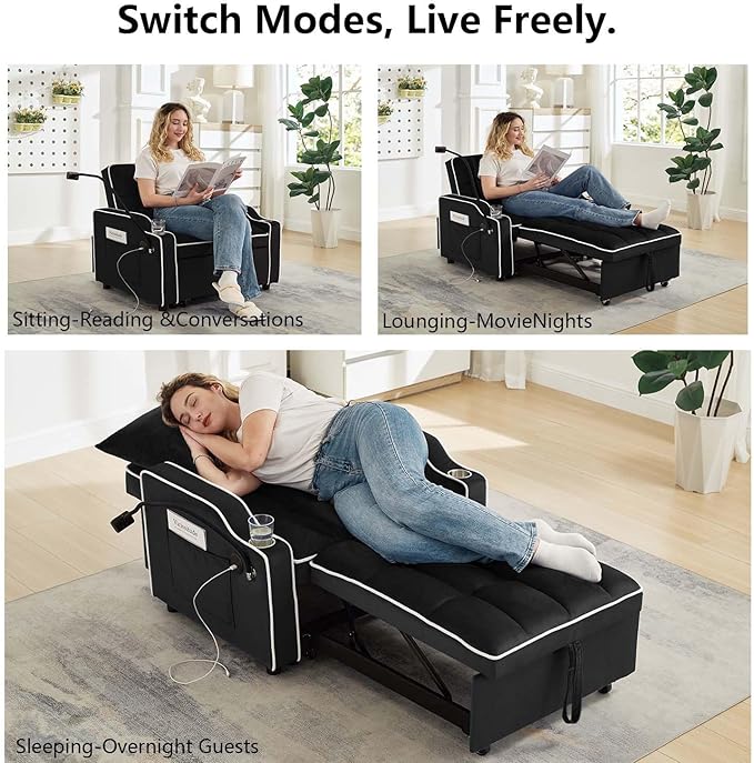 Convertible Sofa Bed, 3 in 1 Futon Sofa Bed with USB Charging Ports, Cup Holder, Phone Stand & Pocket, Modern Upholstered Sleeper Sofa for Living Room, Apartment or Small Space (Black)