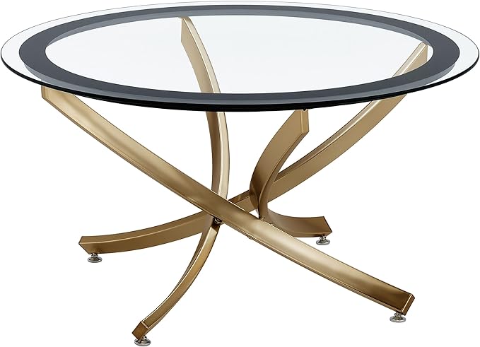 Coaster Home Furnishings - Brooke - Glass, Metal - Round Coffee Table with Clear Glass Top, Crisscross Metal Legs and Black Trim - Living Room - 35.5 Inch - Rose Brass - 707888