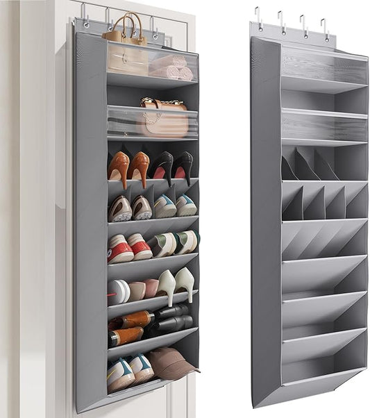 16-20 Pairs Over the Door Shoe Organizer, Clear Pockets Shoe Rack for Closet Door, Hanging Shoe Rack for Boots, Behind the Door Shoe Holder Fit All the Family's Sneakers, Boots, Heels, Grey