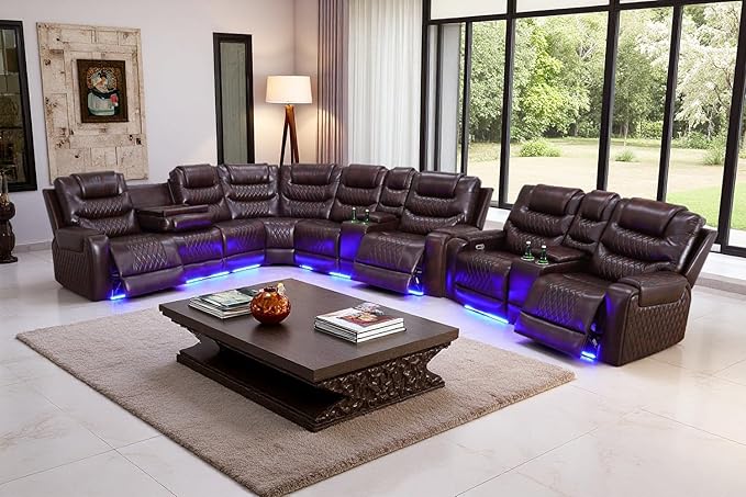 Leather Power Recliner Sectional Sofa Set with LED, Breathing Leather Reclining Corner Couch & Loveseat, L-Shaped Recliner Sofa Power Loveseat with Cup Holders/Storage for Living Room