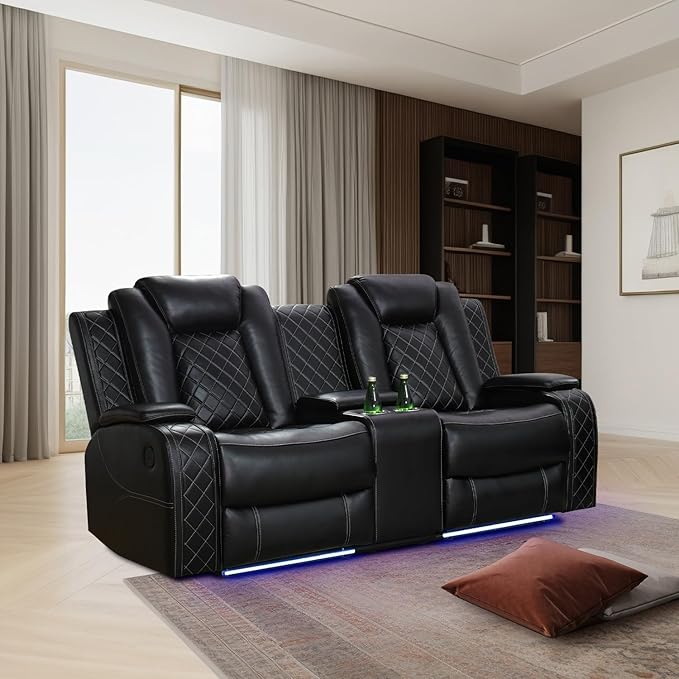 Power Leather Recliner Sofa with LED Light,74" Power Double Reclining Loveseat with Storage Console/Cup Holders/USB Port,2 Seater Leather Couch for Living Room Furniture(Black,Loveseat)