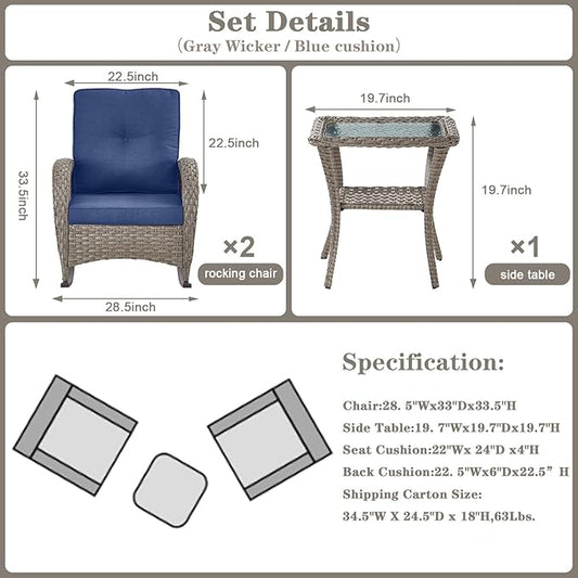Belord Patio Rocking Chairs Wicker Set - Outdoor Rocking Chairs Set of 2 with Side Table, 3 Piece Patio Rocker Furniture Set with Water-Resistant Cushions for Porch Balcony Backyard