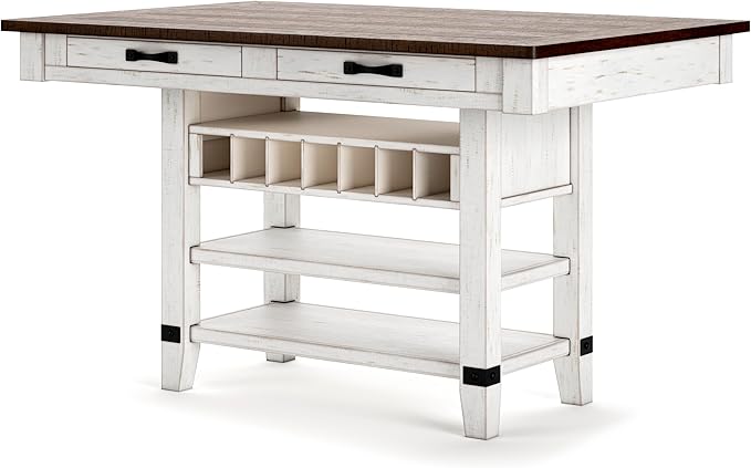 Signature Design by Ashley Valebeck Rectangular Dining Room Table, 4 Drawers, 2 Open Shelves, Wine Rack, Wood, 60" W x 40" D x 36.13" H, White & Brown