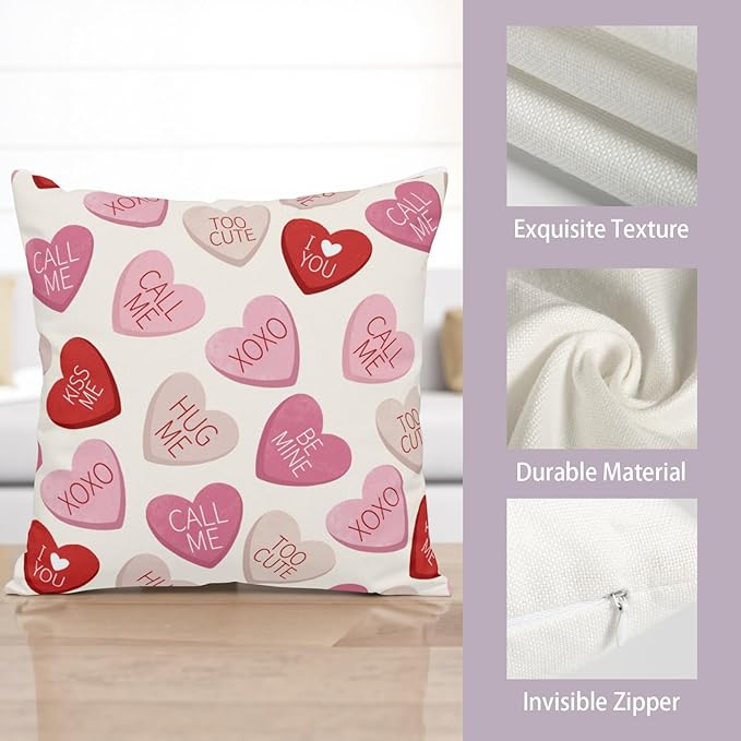 Valentines Conversation Heart Pillow Cover 22x22 Set of 2 Valentines Day Outdoor Red Pink Hearts Throw Pillow Covers Cute Candy Heart Pillowscase for Living Room Couch Sofa
