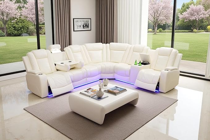 Power Leather Recliner Sectional Sofa with LED Lights for Living Room, L Shaped Reclining Sectional Sofa, Modular Leather Couch with Coffee Table/Hidden Storage for Home Theater Seating