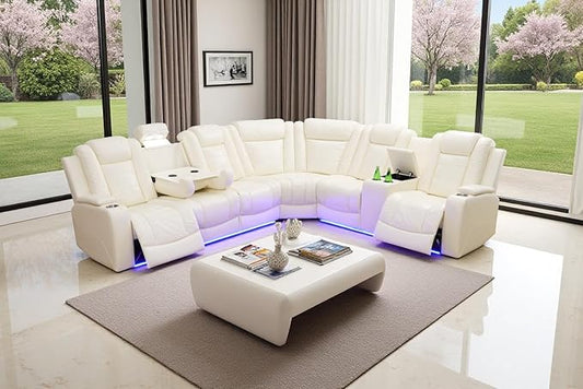 Power Leather Recliner Sectional Sofa with LED Lights for Living Room, L Shaped Reclining Sectional Sofa, Modular Leather Couch with Coffee Table/Hidden Storage for Home Theater Seating