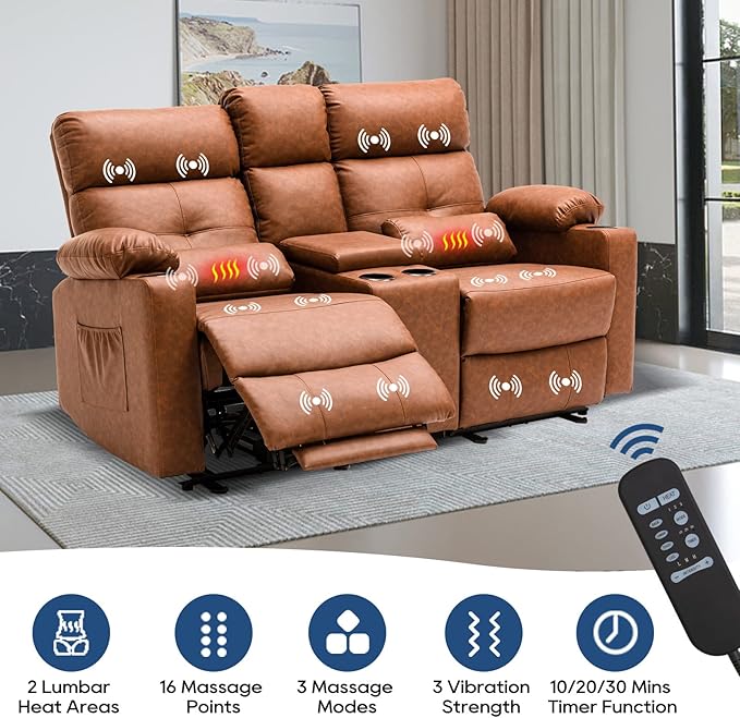68'' RV Power Reclining Loveseat with Heat and Massage| RV Loveseat Recliner Sofa with Console| Double Reclining Couch with Cup Holder | Loveseat ReclinerTheater Seating(PU, Brown)