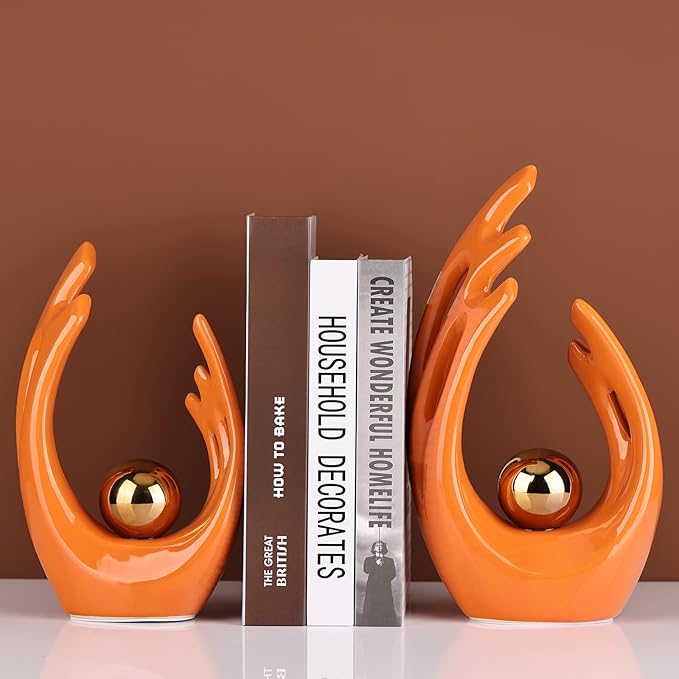 9.5"H Orange Gold Aesthetic Room Decor Accent, TV Stand Funky Table Centerpiece, Abstract Art Ceramic Statue and Sculpture, Orange Decor for Living Room, Bookshelf Decorative Objects, Shelf Decor