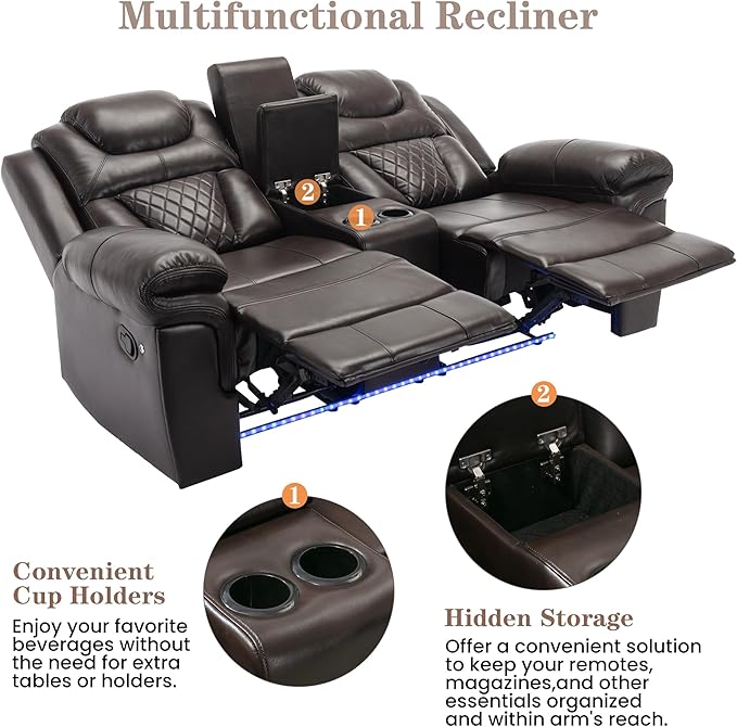 ERYE 73-Inch Oversized Manual Reclining Sofa with LED Strip and Cupholders for Living Room Home Theater, Multifunctional Faux Leather Loveseat Manual Recliner Couches | Storage Console, Cup Holder, LED Light Strips