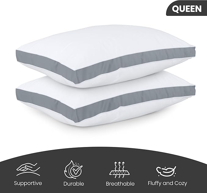 Utopia Bedding Gusseted Pillow (2-Pack) Premium Quality Bed Pillows - Side Back Sleepers - Grey Gusset - Queen - 18 x 26 Inches