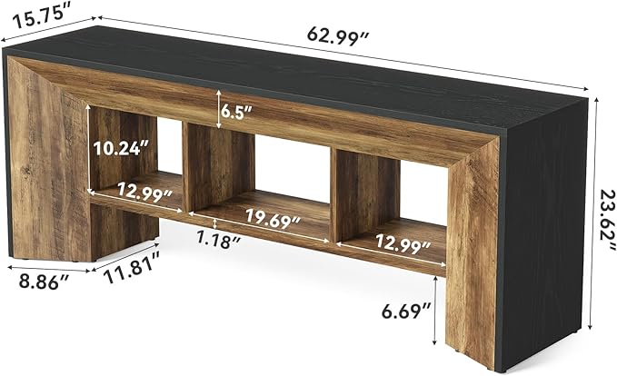LITTLE TREE TV Stand for Up to 70 Inch TV, 63 Inches Long Entertainment Center for Living Room, Industrial Large Media Television Console Furniture with 3 Storage Cubes, Rustic Brown and Black
