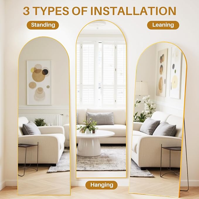 Mirror Full Length 64"x21" Arched Floor Mirror with Stand, Aluminum Alloy Frame & Shatterproof Glass Full Body Mirror, Freestanding Hanging or Leaning Wall Mirrors for Bedroom Closet Living Room