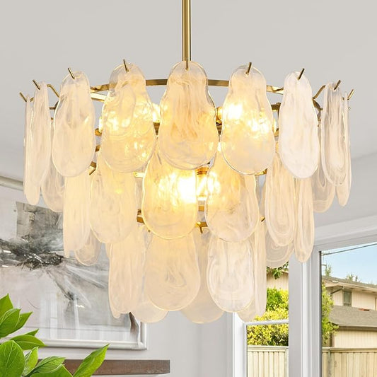 Modern Gold Chandelier Lighting, D23.6 Inch Creative Cloud Glass Pendant Ceiling Fixture Lamp, 3 Tier Round Crystal Glass Chandelier, 9-Light for Living Room Bedroom Dining Room (E12)