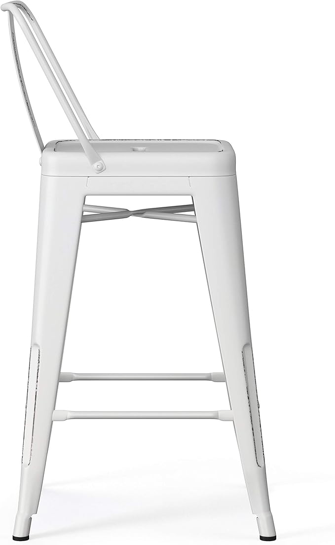 SIMPLIHOME Rayne Counter Stools (Set of 2) - 24 Inch Seat Height Metal Kitchen Seats in Distressed White, Industrial Seating for Dining Room or Kitchen with Curved Backrest and Footrest