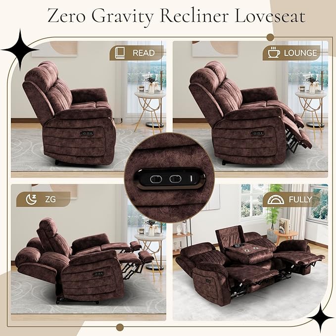 Power Reclining Sofa Set with Adjustable Headrest, Electric Reclining Sofa and Loveseat with USB/Type-C Ports, Reclining Living Room Set for Home Theater(Brown, Loveseat+Sofa)