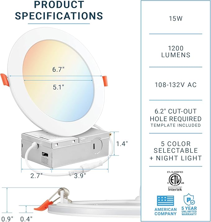 PARMIDA (12 Pack) 6 Inch 5CCT LED Recessed Ceiling Light with Night Light, 2700K/3000K/3500K/4000K/5000K Selectable Ultra-Thin Lighting, 15W, Dimmable Canless Wafer Slim Panel Downlight, IC Rated, ETL