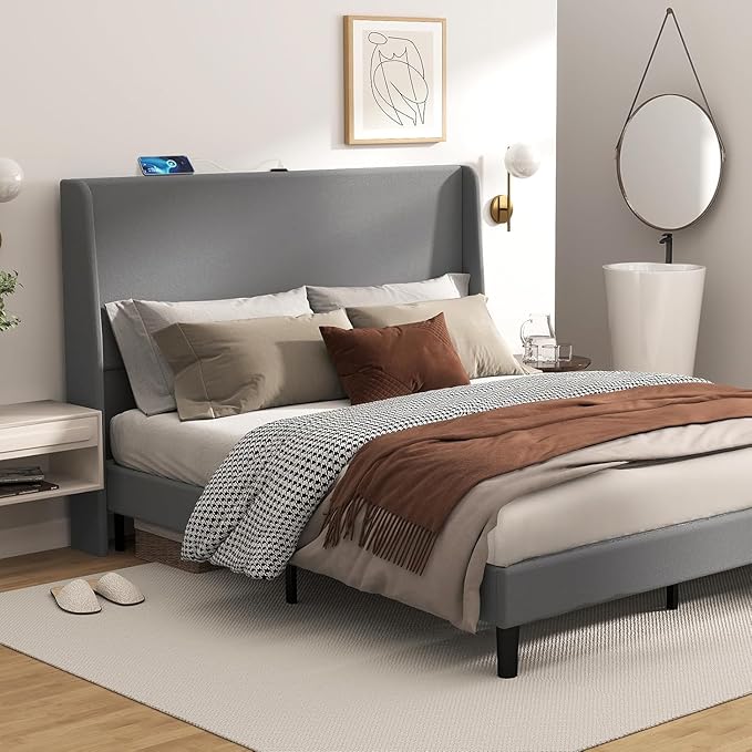 GTPLAYER Queen Size Bed Frame, Upholstered Platform Bed Frame with USB Type-C Tall Headboard Wingback, Soft Velvet Fabric, No Box Spring Needed, Easy Assembly, Misty Grey
