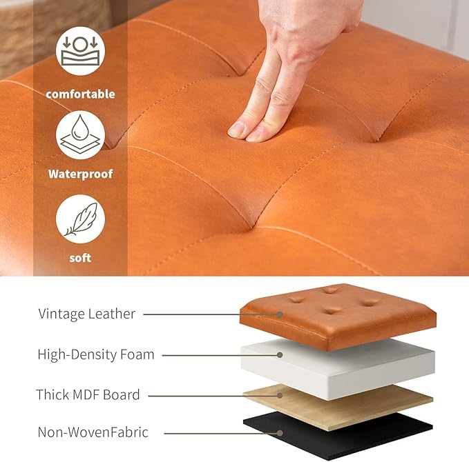 Adeco Faux Leather Storage Ottoman, 17.5" Square Cube Footrest with Lift Top Lid for Blankets, Upholstered Vanity Stool & Entryway Shoe Bench for Living Room, Bedroom, Warm Orange