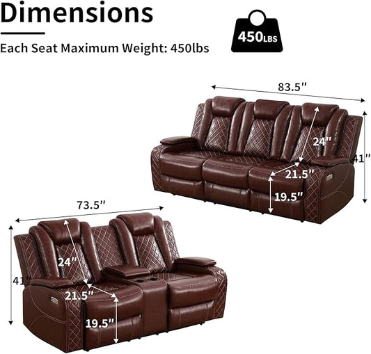 Power Leather Recliner Sofa Set with LED Light,Reclining Sofa and Loveseat,Leather Couch Set for 3 Seats Couch with Coffee Table/Loveseat with Storage Console 2 PCS for Living Room(Red,3+2)