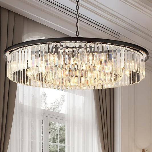 Crystal Chandeliers 18-Light, Metal Ceiling Light Fixture Adjustable Height, 39 Inch Modern Luxury Hanging/Chandelier for Living Room Dining Room Kitchen Hallway Foyer, Black