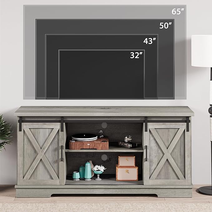 IDEALHOUSE Grey Farmhouse Cabinet, 65 Inch TV Stand with Storage, Barn Doors and Shelves, Modern TV Console Table Furniture for Living Bedroom