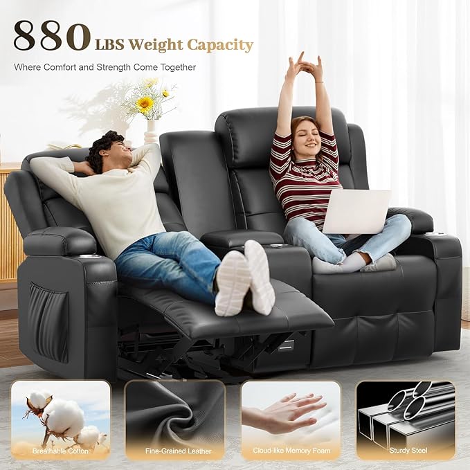 880LBS Big and Tall Reclining Loveseat, Loveseat Recliner with 8-Gear Silent Massage, 90% Pre-Assembled Home Theater Seating with USB-A & Type-C, Wall Hugger Recliners RV Loveseat Sofa for Living Room