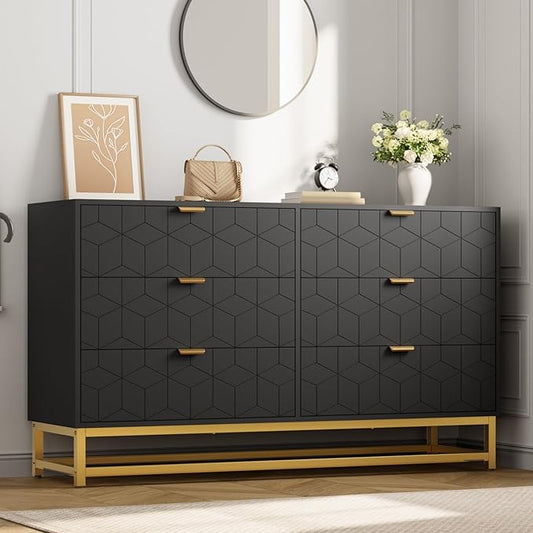 GAOMON Dresser for Bedroom, 53.5" Large Dresser Organizer, 6 Drawer with Golden Metal Handle and Legs, Modern Chest of Drawers, Black Dressers with Drawers for Closet, Hallway, Living Room, Entryway