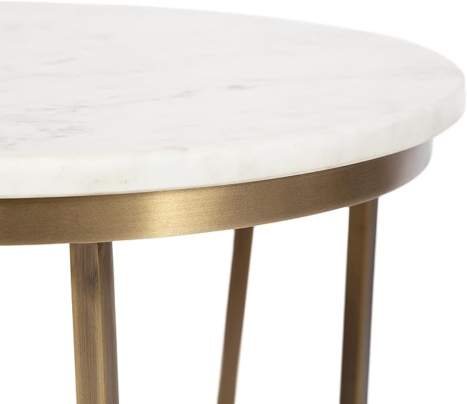 Kate and Laurel Solvay Round Metal and Marble Side Table; 16 x 16 x 24; White Marble and Antique Brass; Modern Glam Bedroom Nightstand Table with Premium Natural Marble Stone and Iron Base