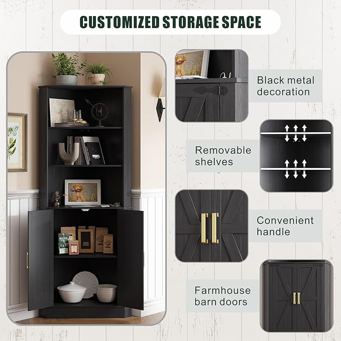 Farmhouse Corner Cabinet with LED Light, 67" Tall Bathroom Cabinet with 2 Doors and 3 Tier Shelves, Free Standing Corner Storage Cabinet for Living Room or Kitchen, Black