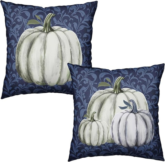 Fall Decorative Throw Pillow Covers 18 x 18 Inch Set of 2 Navy Blue White Pumpkin Outdoor Pillow Covers Autumn Thanksgiving Harvest Cushion Case for Farmhouse Living Room Decor