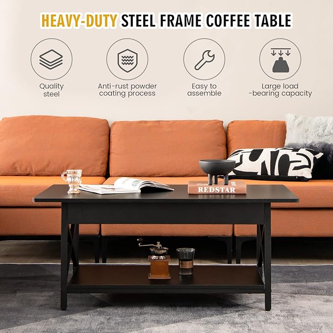 COSTWAY Industrial Coffee Table, 2-Tier Wood Cocktail Tea Table with Storage Shelf and X-Shape Steel Frame, Rectangle Sofa Side Accent Table for Living Room Home Office, Black