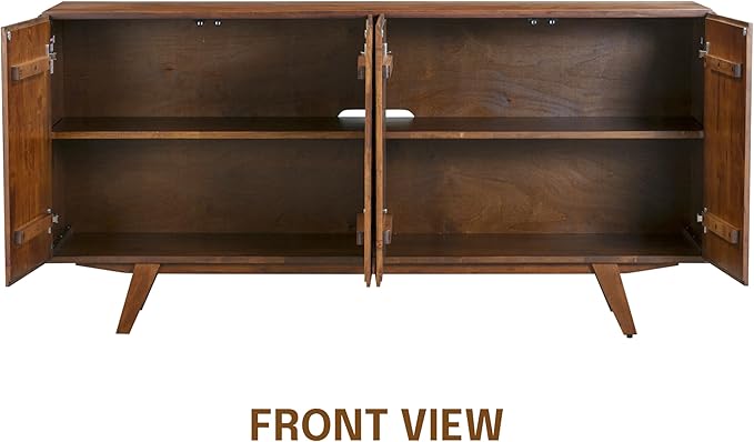 NTC Sapa Mid-Century Modern Solid Wood Sideboard – 4-Door Accent Buffet Cabinet with Carved Geometric Fronts, for Living Room, or Entryway, Effortless Assembly, Dark Walnut