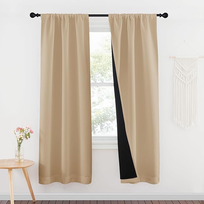 NICETOWN 100% Blackout Window Curtains, Rod Pocket Full Light Blocking Drapes with Black Liner for Nursery, 72 inches Drop Thermal Insulated Draperies (Biscotti Beige, 2 PCs, 37 inches Wide Per Panel)