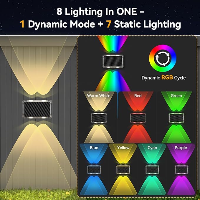 TECKNET Solar Fence Lights 12 Pack, 8 Modes RGB Color Changing, Up Down Lights & 200°Wide Lighting, IP66 Waterproof Dual-Lens LED Decorative Lights for Wall/Garden/Fence/Patio/Backyard
