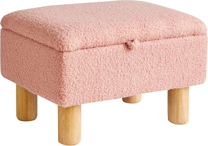 Teddy Velvet Small Ottoman Foot Rest, Foot Stools with Storage Small, Upholstered Rectangle Wood Ottoman with Safety Hinge Flip Top, Bed Stool for Bedroom Dorm Teddy Pink YD-JD136P