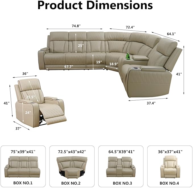Air Leather Recliner Sectional Sofa Set, Power Reclining Sectional Couch for Living Room, L Shaped Recliner Corner Couch and Single Chair with LED Lighting, USB Port&Storage (Beige)