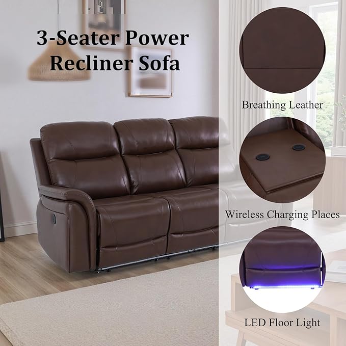 Breathable Leather Power Recliner Sofa Set, 3 Piece Living Room Furniture Set, Reclining Sofa Loveseat Chair Set with LED Lighting/USB Port/Cup Holders/Storage for Home Theater (Reddish Brown)