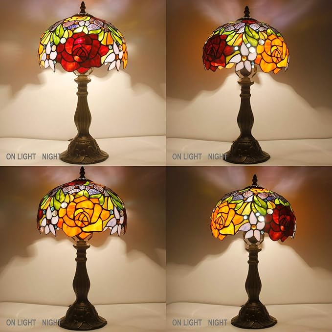 WERFACTORY Tiffany Style Table Lamp Stained Glass Bedside Lamp Red Rose Desk Reading Light 10X10X18 Inches Decor Bedroom Living Room Home Office S001 Series